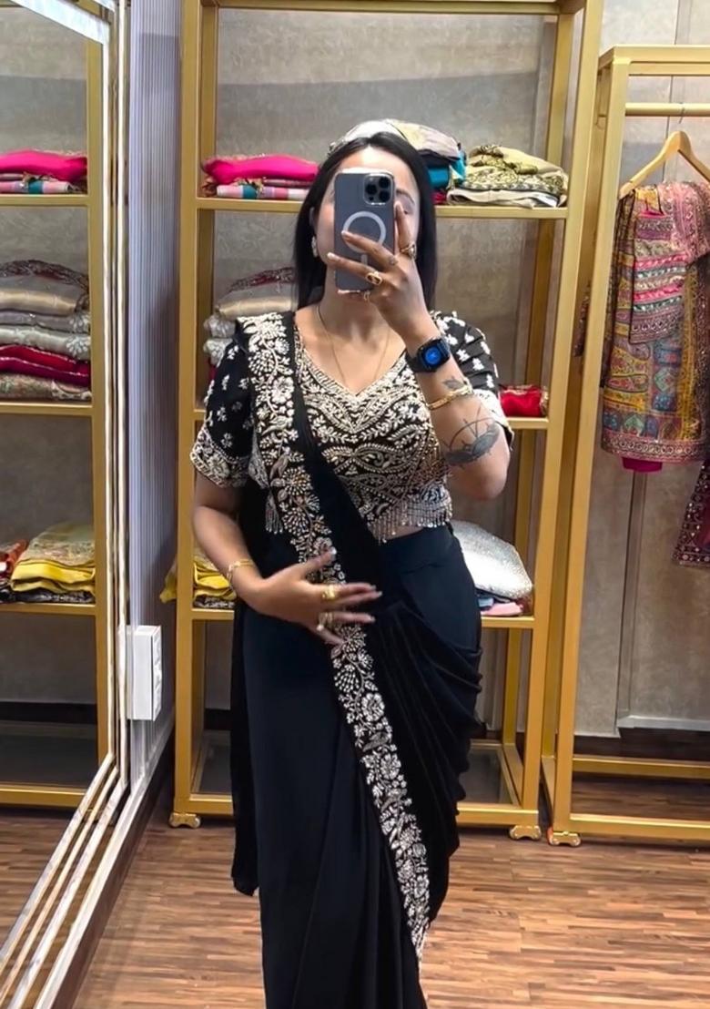 Black Embroidery Silk Saree Set - Indya
