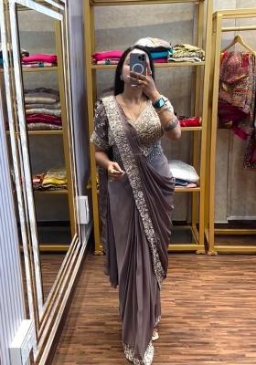 Grey Embroidery Silk Saree Set
