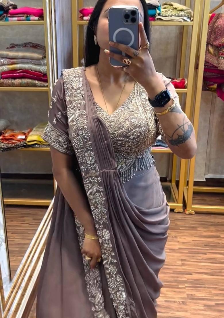 Grey Embroidery Silk Saree Set - Indya