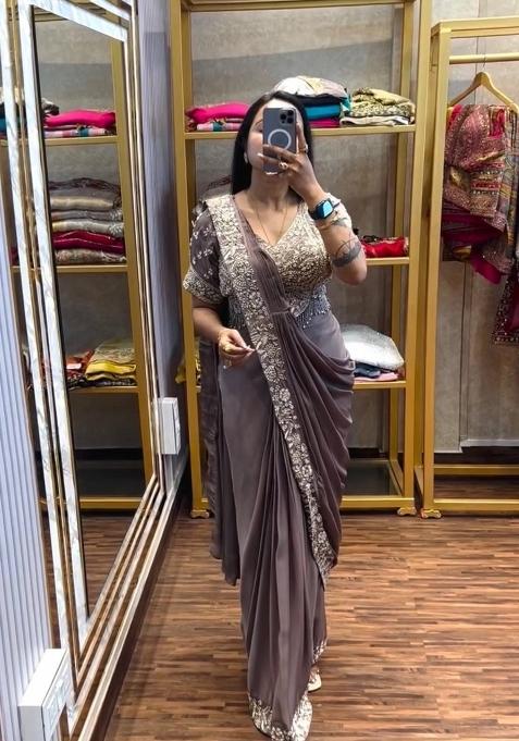 Grey Embroidery Silk Blend Saree Set