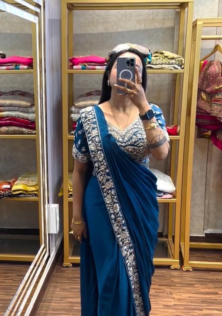 Rama Embroidery Silk Saree Set - Indya