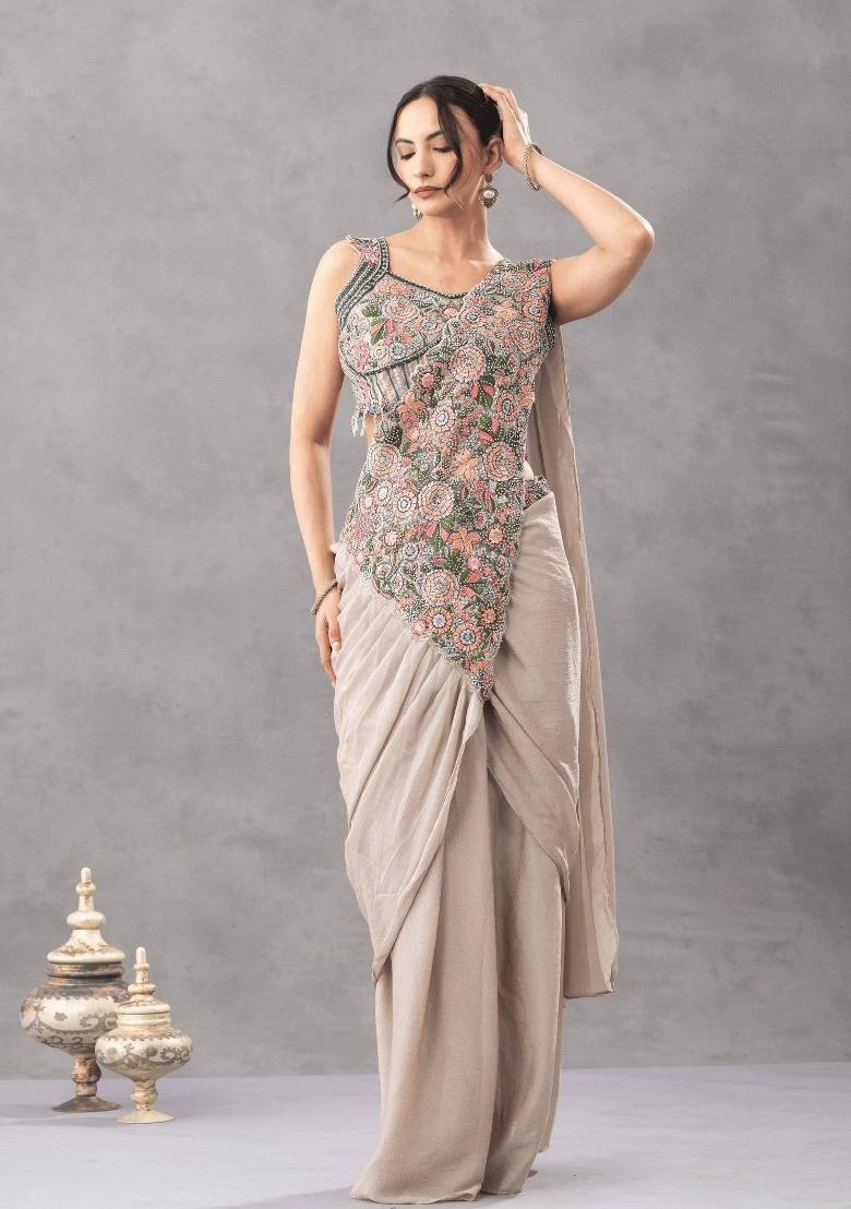 Off White Embroidery Silk Saree Set - Indya