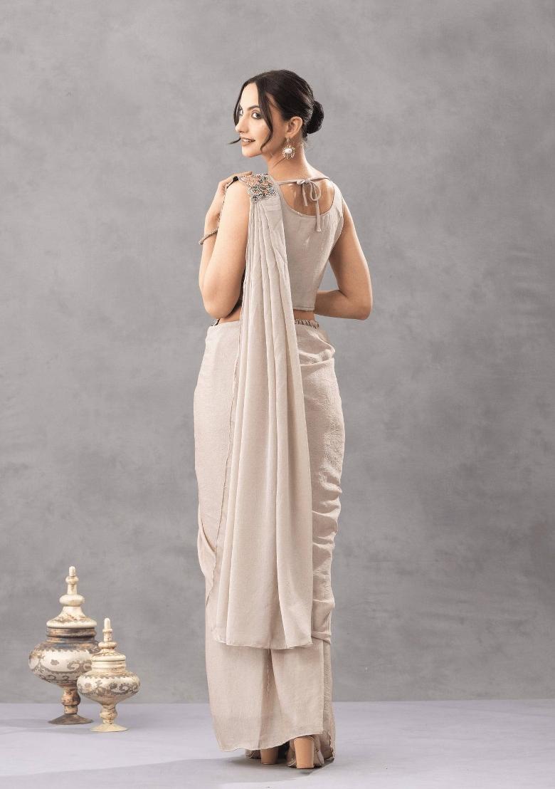 Off White Embroidery Silk Saree Set - Indya