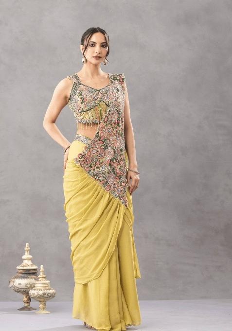 Yellow Embroidery Silk Blend Saree Set