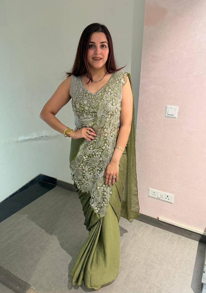 Mehendi Embroidery Silk Saree Set - Indya