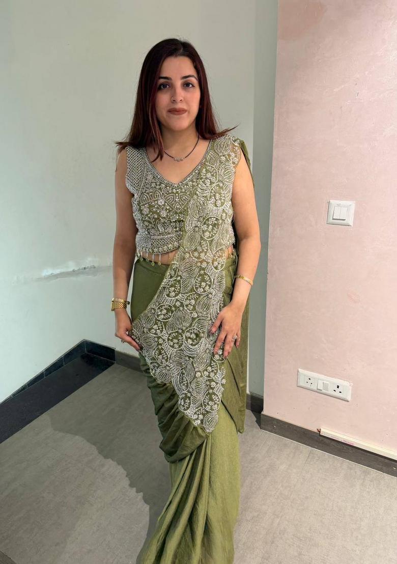 Mehendi Embroidery Silk Saree Set - Indya