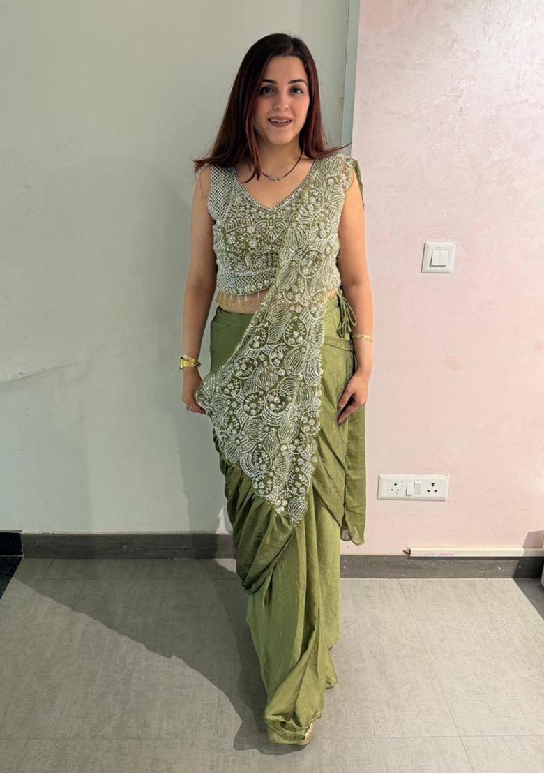 Mehendi Embroidery Silk Saree Set - Indya