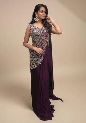 Wine Embroidery Silk Saree Set