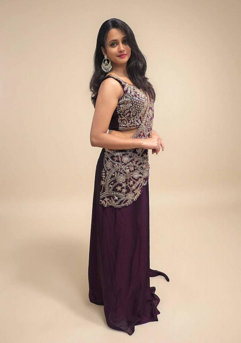 Wine Embroidery Silk Saree Set - Indya