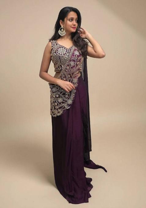 Wine Embroidery Silk Blend Saree Set