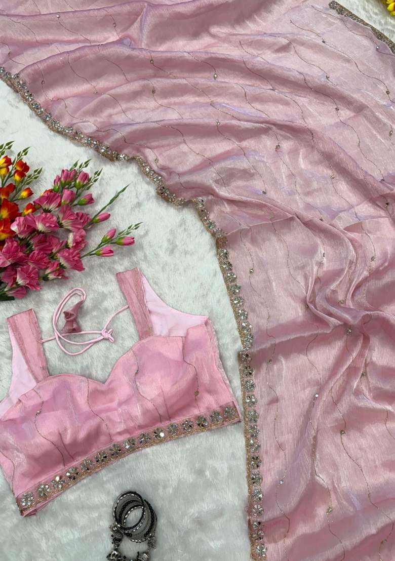 Pink Solid Jimmy Choo Saree Set for Diwali | Wedding & Festive Wear - Indya
