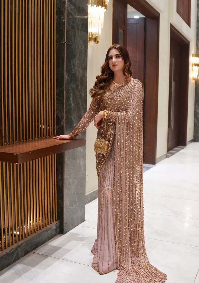 Light Pink Solid Net Saree Set for Diwali | Wedding & Festive Wear - Indya