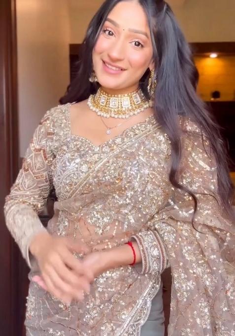 Brown Solid Net Saree Set