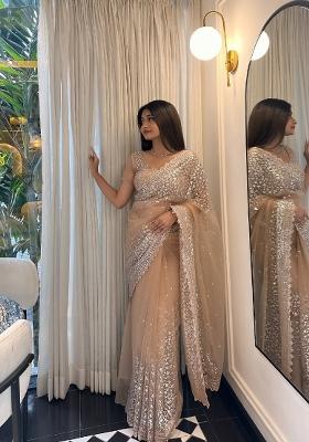 Cream Solid Net Saree Set