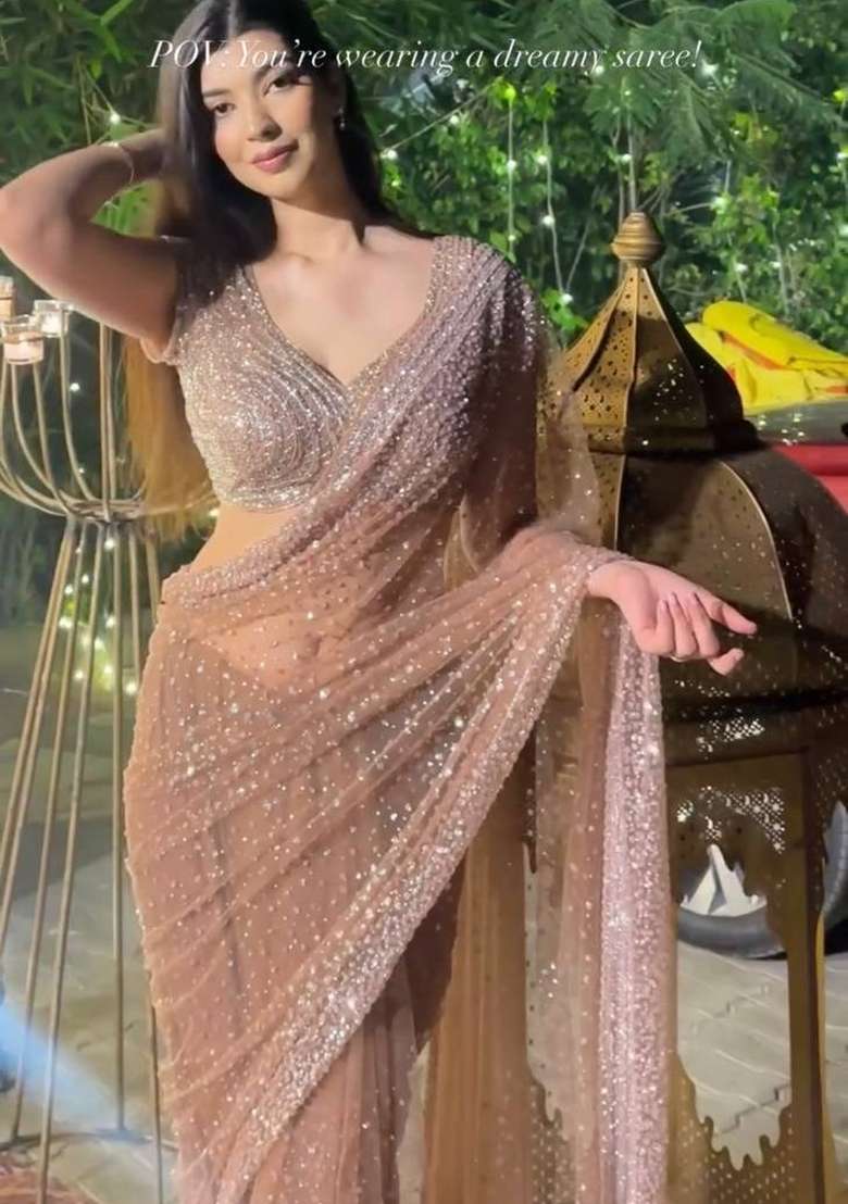 Cream Solid Net Saree Set for Diwali | Wedding & Festive Wear - Indya