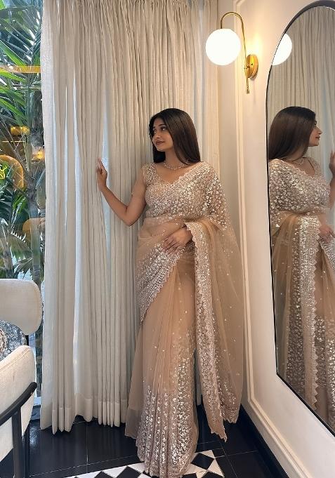 Cream Solid Net Saree Set