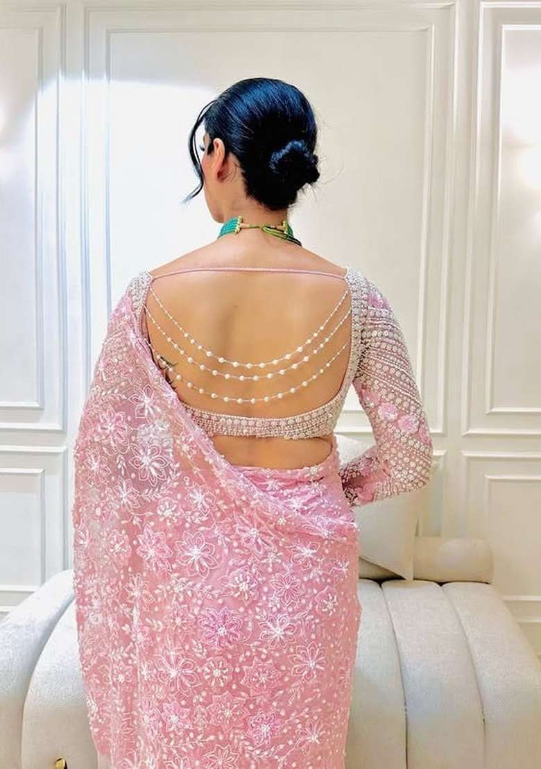 Pink Solid Net Saree Set for Diwali | Wedding & Festive Wear - Indya