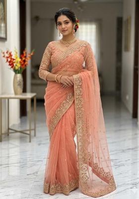 Peach Solid Net Saree Set