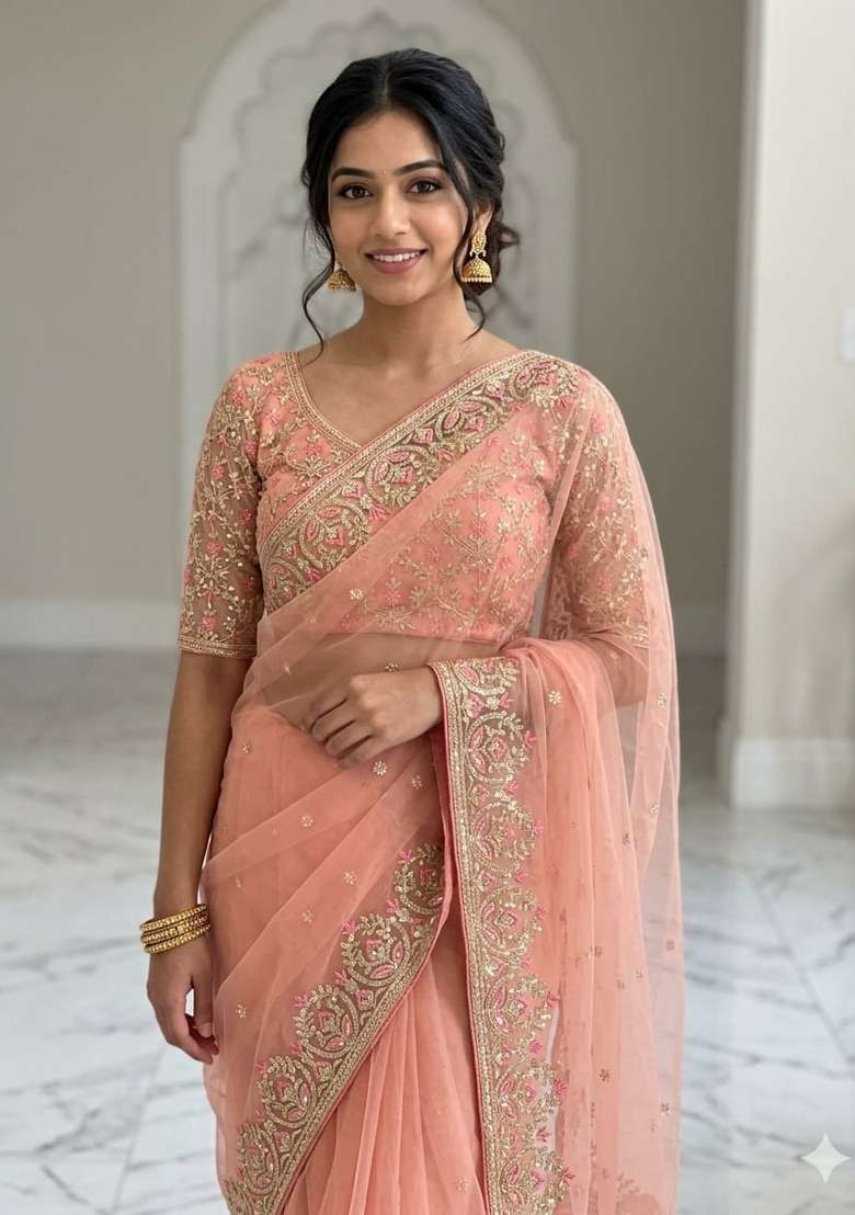 Peach Solid Net Saree Set for Diwali | Wedding & Festive Wear - Indya