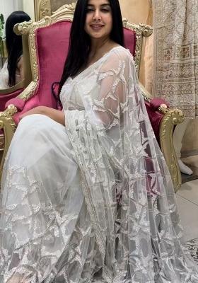 White Solid Net Saree Set