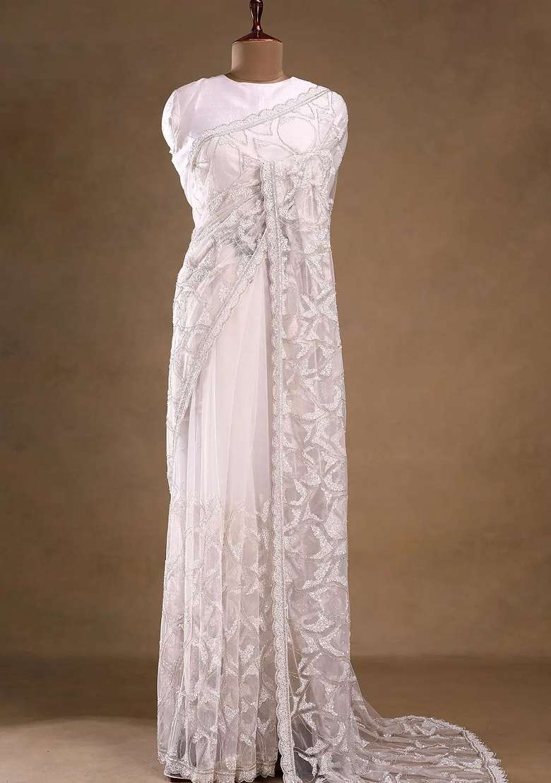 White Solid Net Saree Set for Diwali and Festive Wear - Indya
