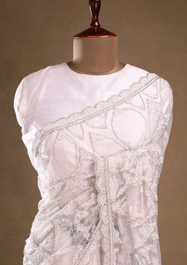White Solid Net Saree Set for Diwali and Festive Wear - Indya