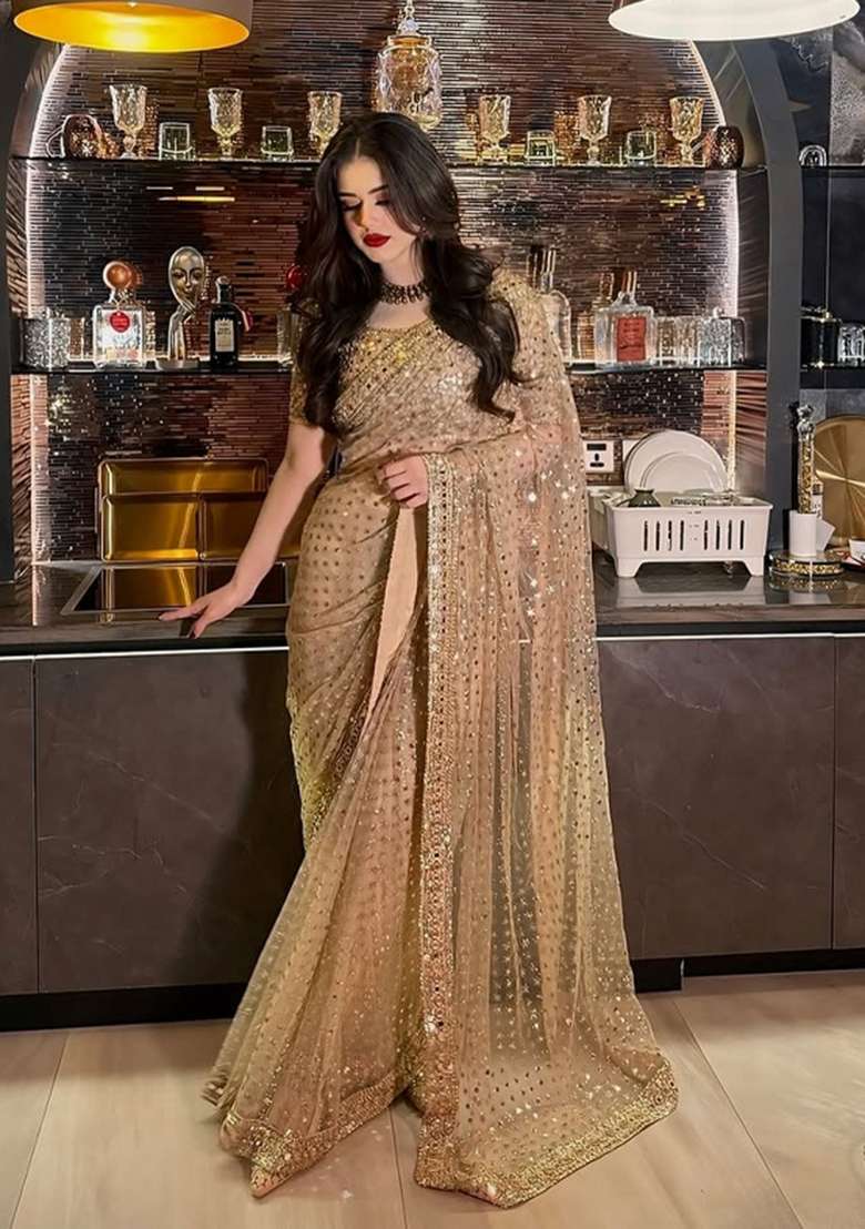 Cream Solid Net Saree Set for Diwali | Wedding & Festive Wear - Indya