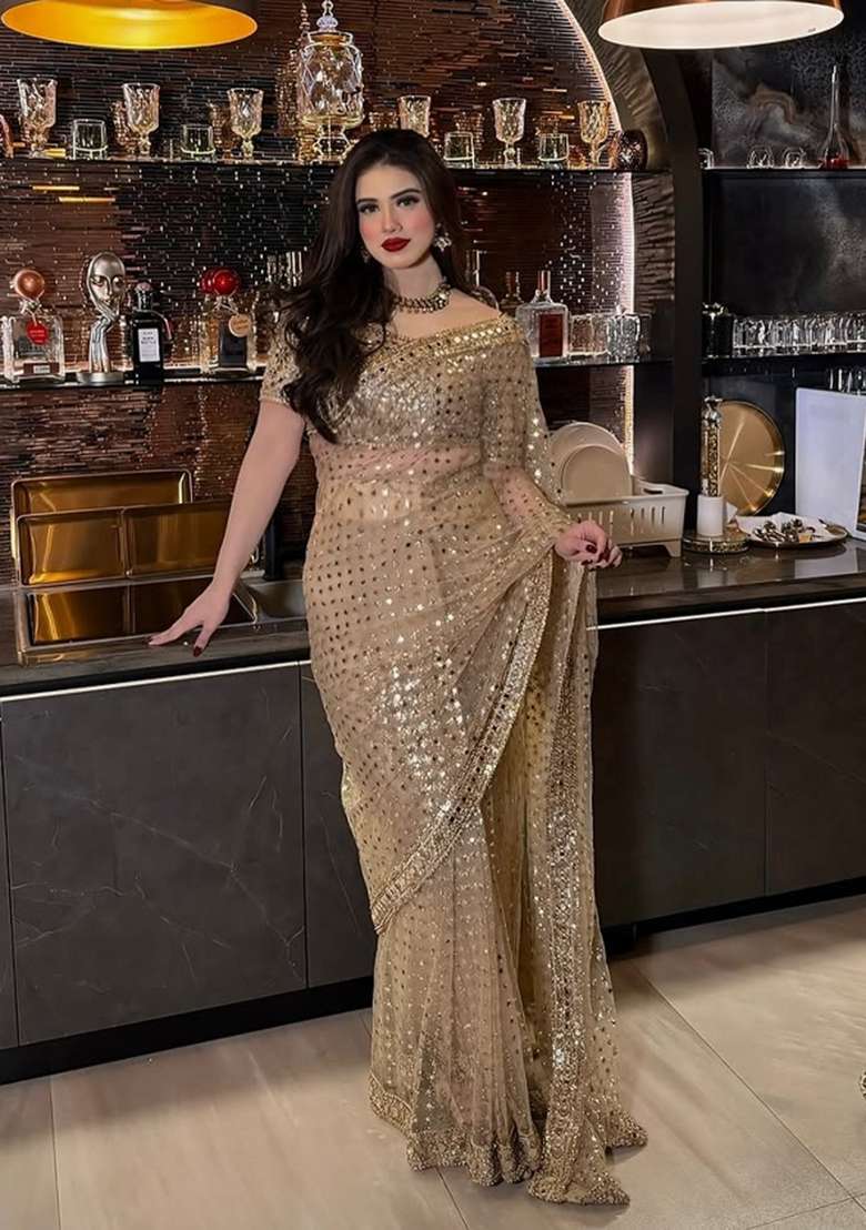 Cream Solid Net Saree Set for Diwali | Wedding & Festive Wear - Indya