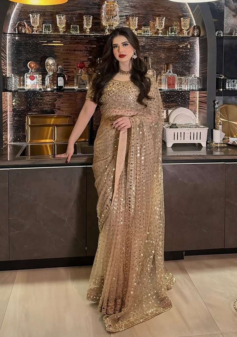 Cream Solid Net Saree Set for Diwali | Wedding & Festive Wear - Indya