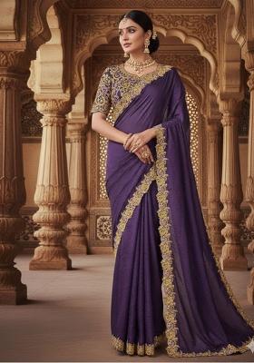 Purple Solid Satin Saree Set