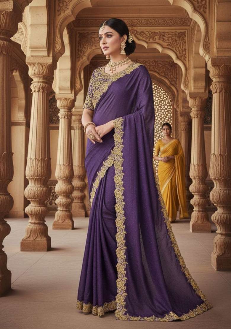 Purple Solid Satin Saree Set for Diwali | Wedding & Festive Wear - Indya