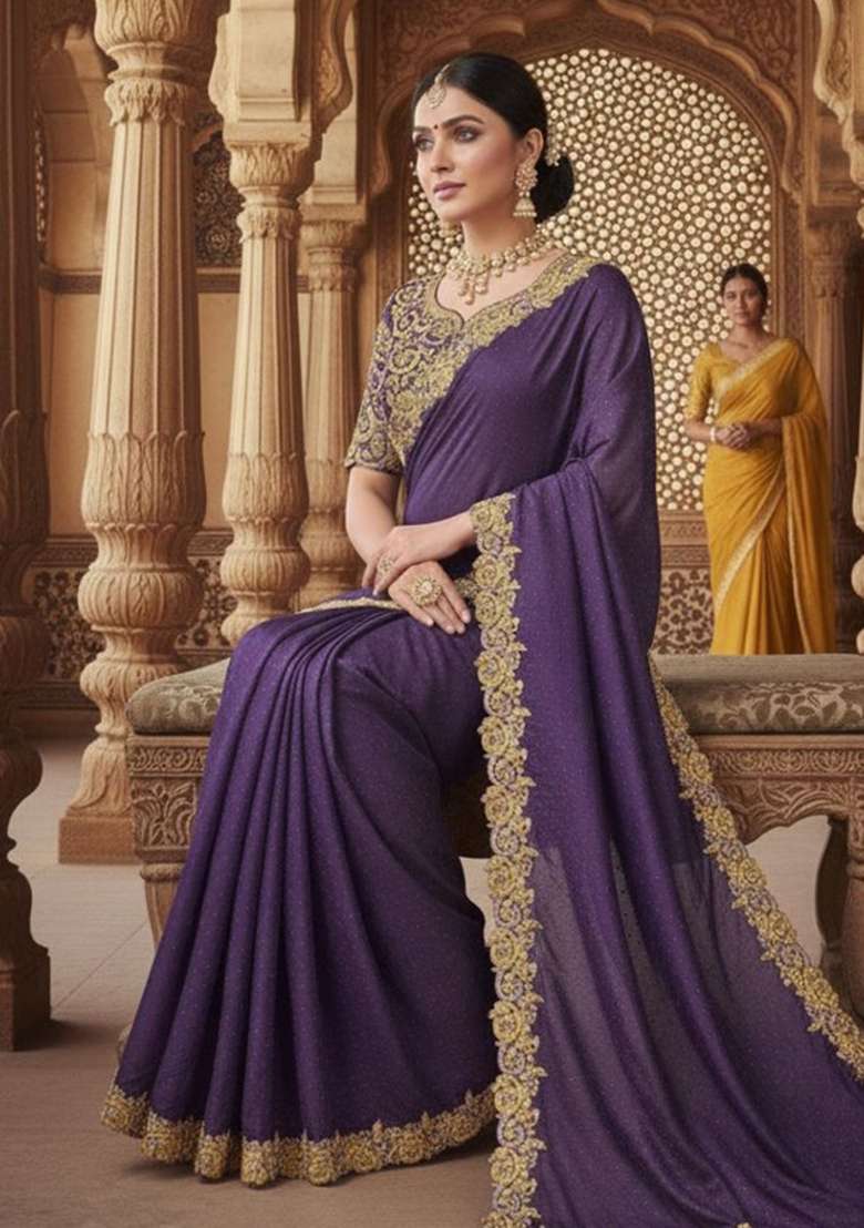 Purple Solid Satin Saree Set for Diwali | Wedding & Festive Wear - Indya
