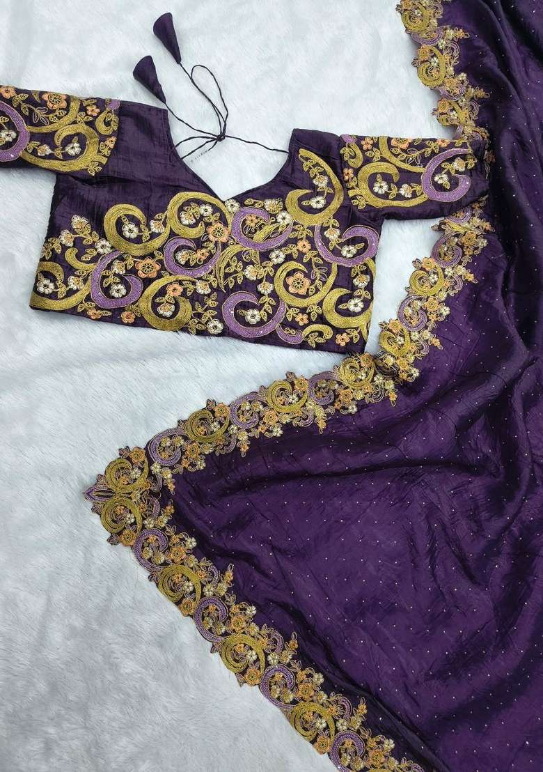 Purple Solid Satin Saree Set for Diwali | Wedding & Festive Wear - Indya