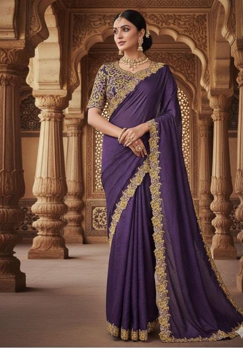 Purple Solid Satin Saree Set