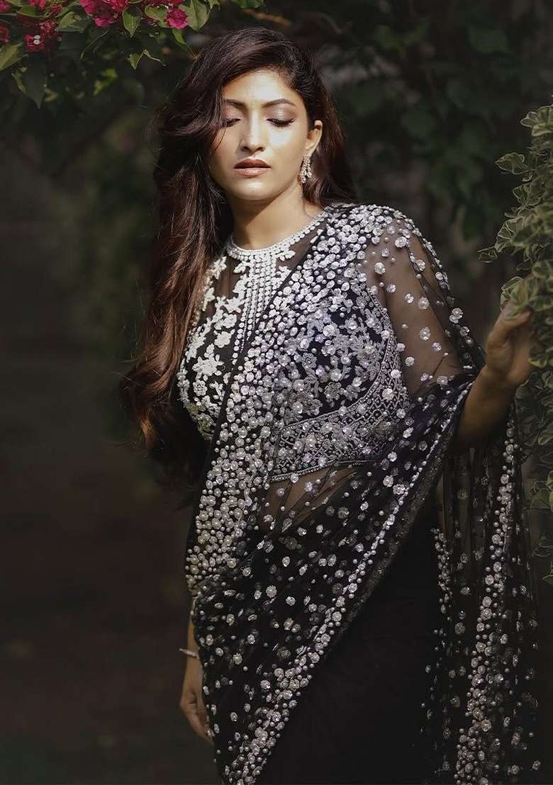 Black Solid Net Saree Set for Diwali and Festive Wear - Indya