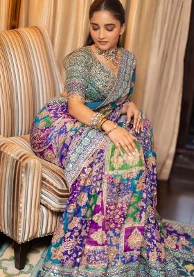 Blue Solid Silk Blend Saree Set