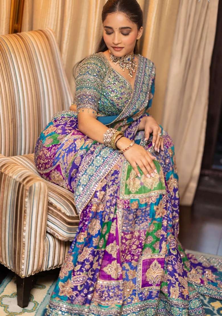 Blue Solid Silk Blend Saree Set for Diwali and Festive Wear - Indya