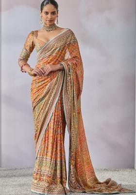 Orange Solid Silk Blend Saree Set
