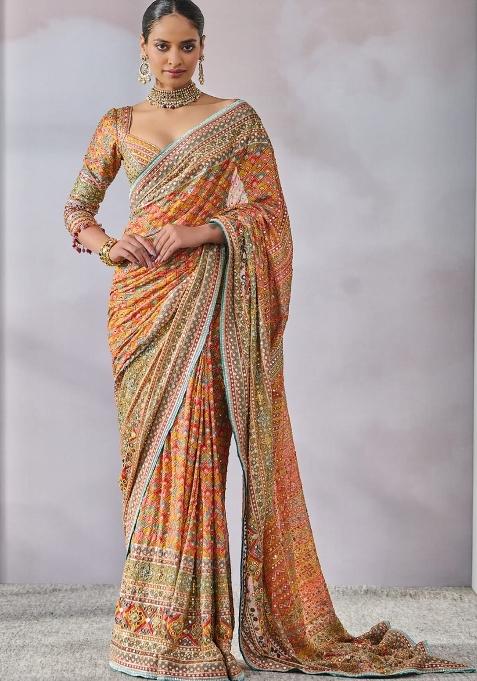 Orange Solid Silk Blend Saree Set