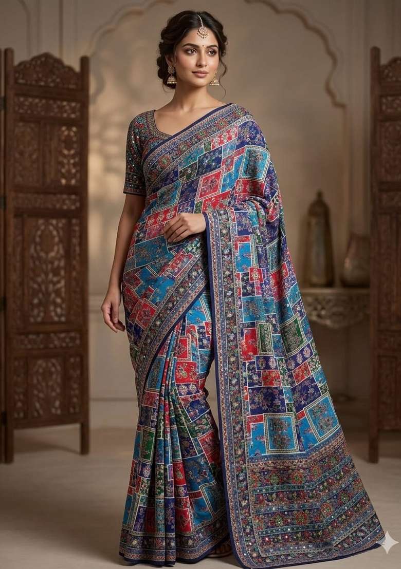 Blue Solid Silk Blend Saree Set for Diwali | Wedding & Festive Wear - Indya
