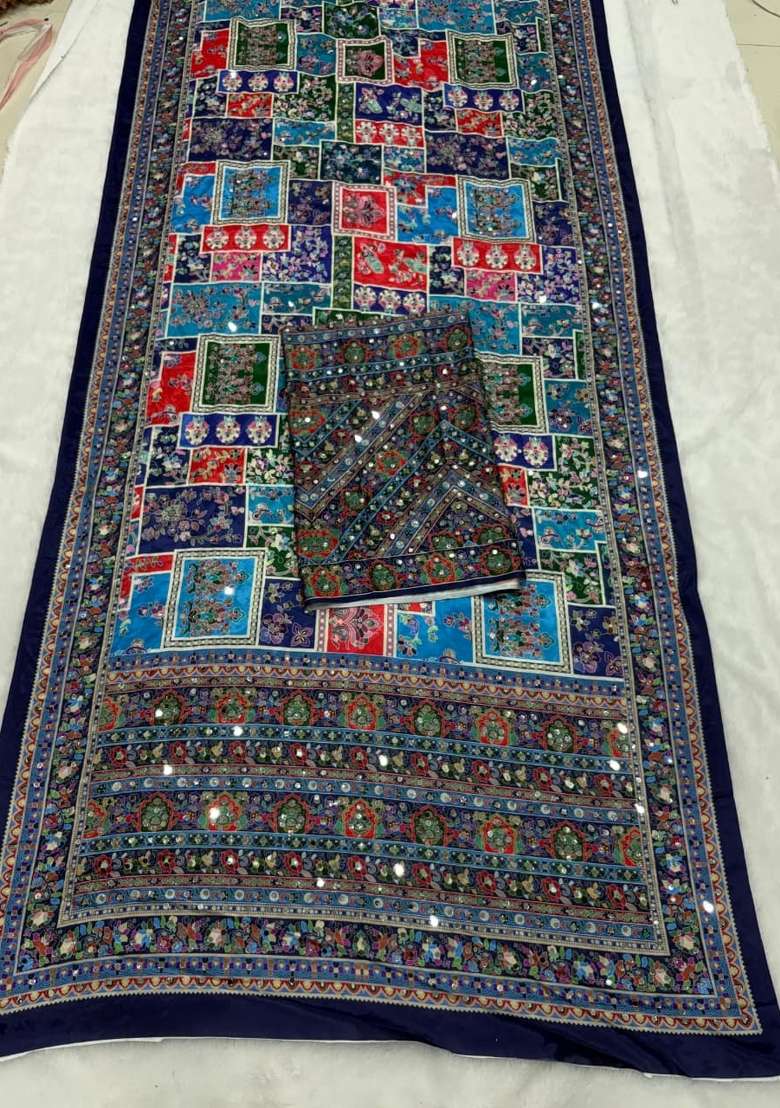 Blue Solid Silk Blend Saree Set for Diwali | Wedding & Festive Wear - Indya