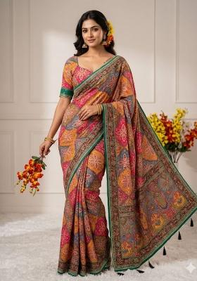 Multicolor Solid Silk Saree Set