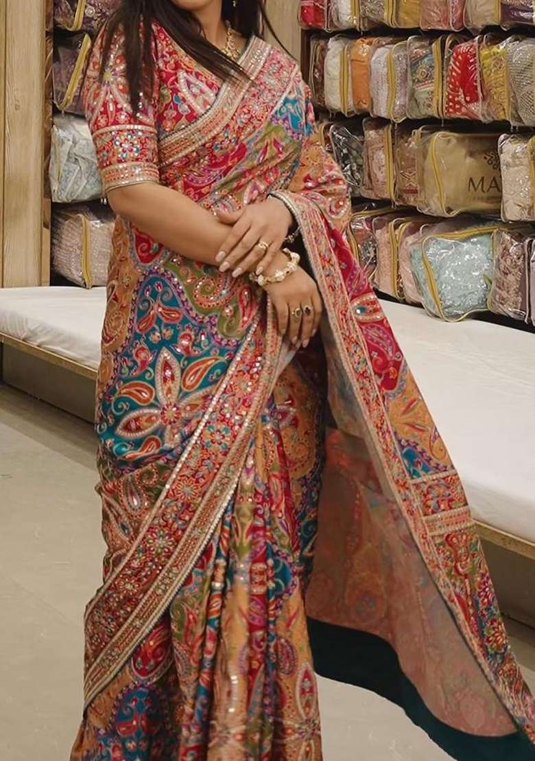 Multicolor Solid Silk Blend Saree Set for Diwali | Wedding & Festive Wear - Indya