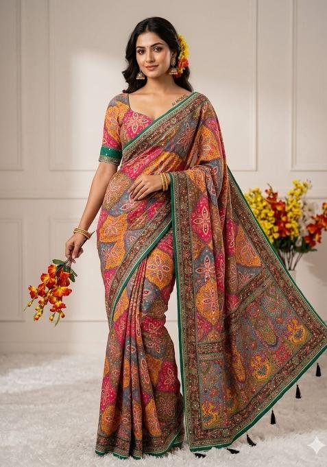 Multicolor Solid Silk Saree Set