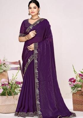 Purple Embroidery Silk Saree Set