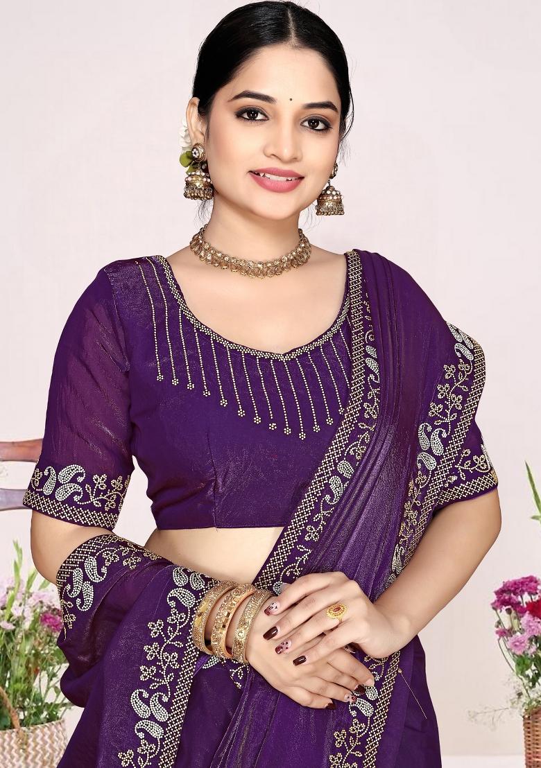 Purple Embroidery Silk Saree Set - Indya