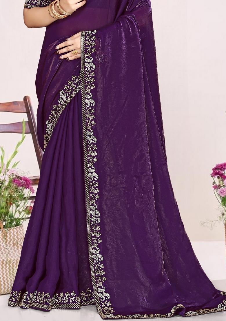 Purple Embroidery Silk Saree Set - Indya