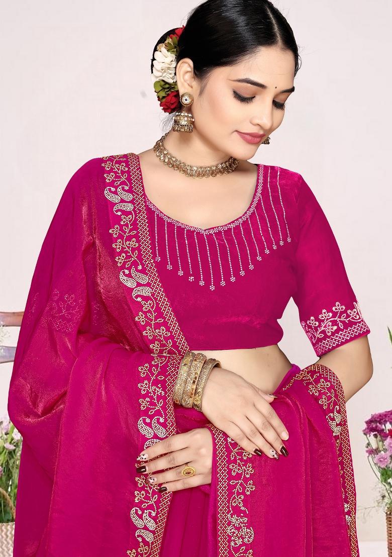 Magenta Embroidery Silk Saree Set - Indya
