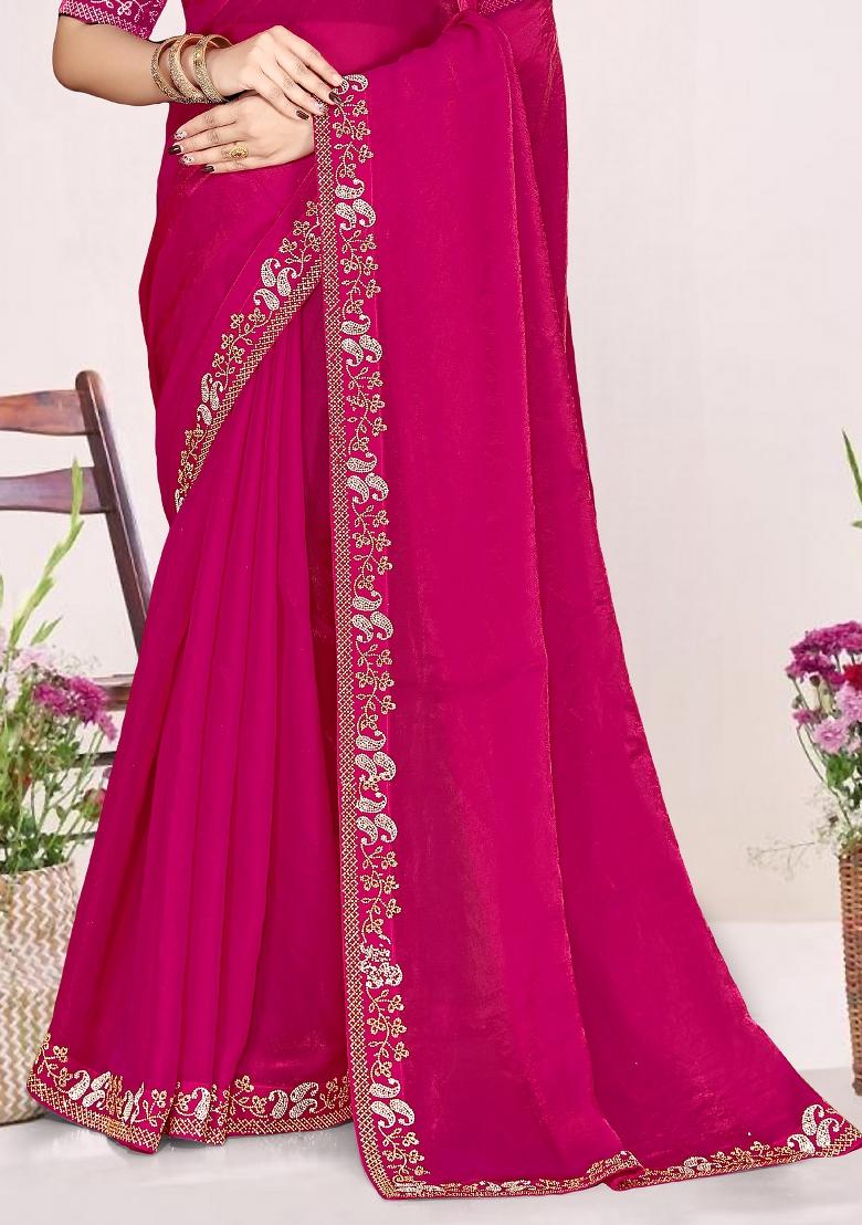 Magenta Embroidery Silk Saree Set - Indya