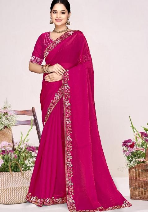 Magenta Embroidery Silk Saree Set — view on Indya